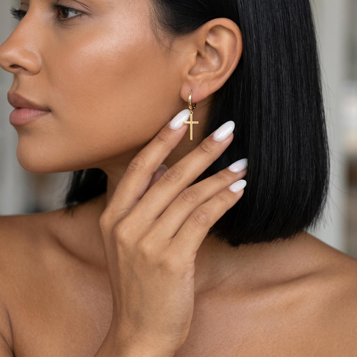 Gold cross hoop earrings, minimalist cross dangle earrings, tiny religious hoop jewelry, christian faith earrings, dainty gold hoops