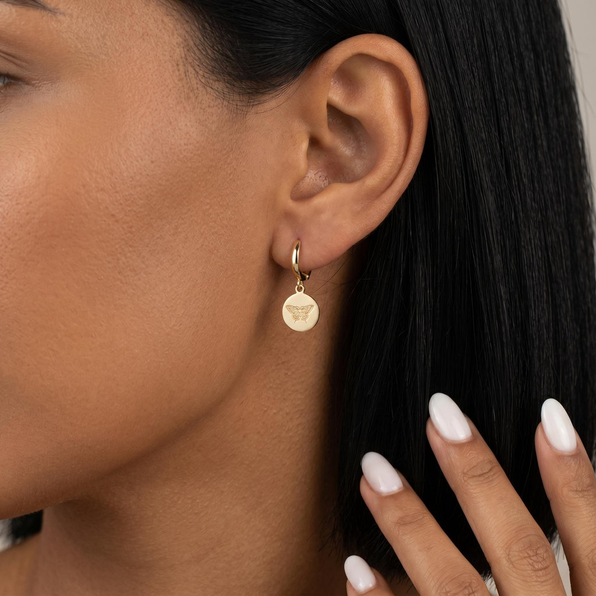 Gold butterfly hoop earrings, engraved butterfly disc earrings, minimalist dangle hoop jewelry, dainty nature inspired earrings