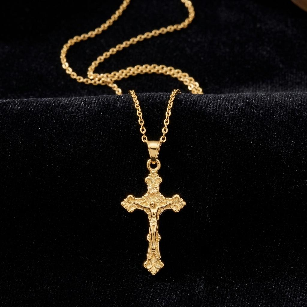 Gold Cross Necklace, Jesus Crucifix Pendant Jewelry, Minimalist Christian Necklace, Religious Faith Gift for Women Men Catholic Jewelry