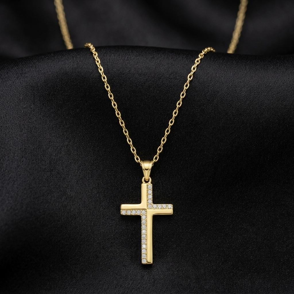 Gold Cross Necklace, Crystal Christian Pendant Jewelry, Minimalist Religious Necklace, Dainty Catholic Faith Gift for Women Men