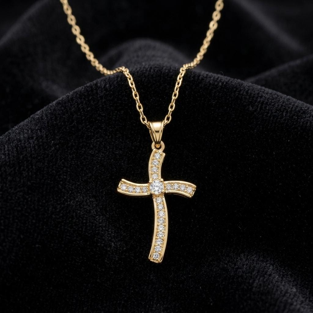 Gold Crystal Cross Necklace, Christian Faith Pendant Jewelry, Minimalist Catholic Necklace, Religious Gift for Women Men Jewelry