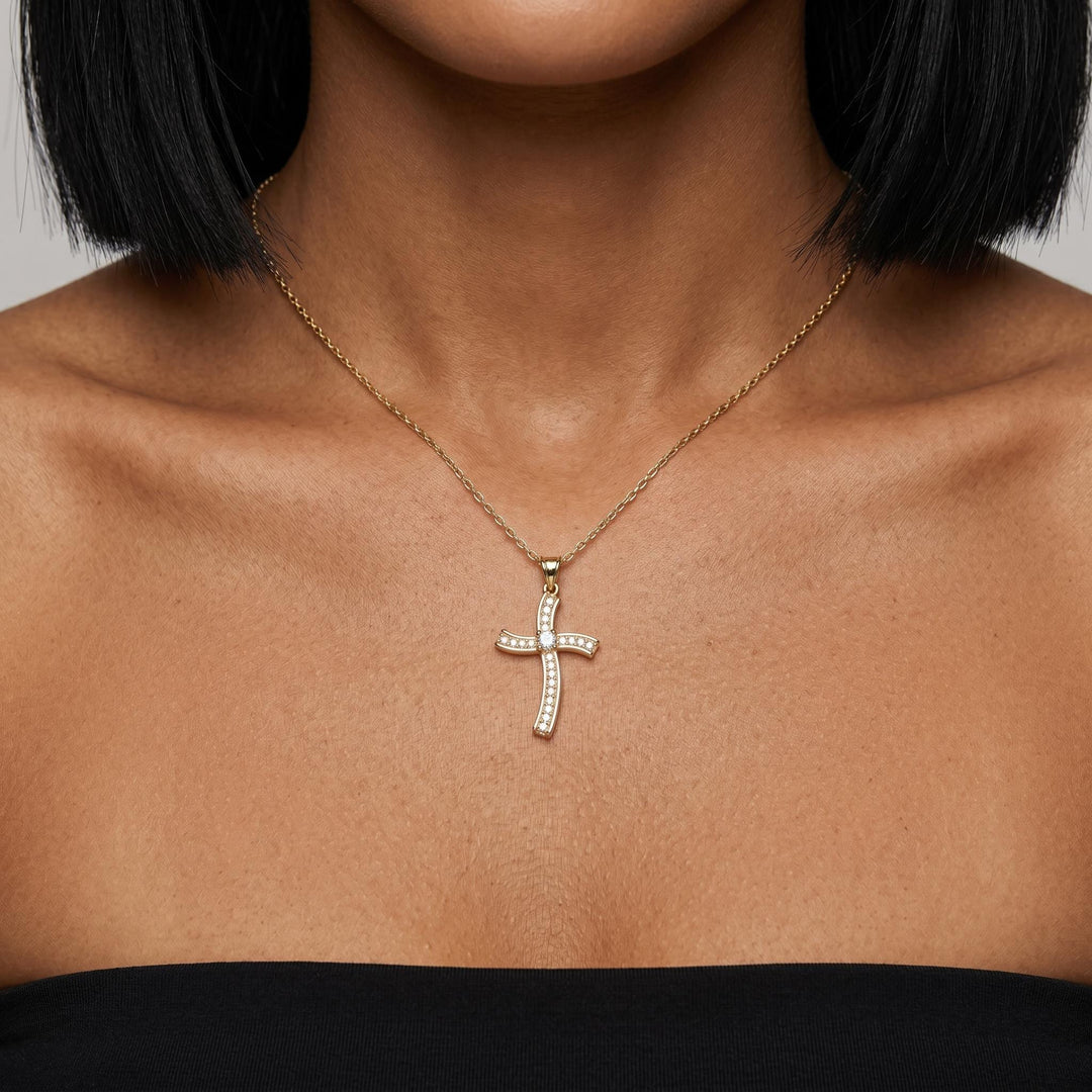 Gold Crystal Cross Necklace, Christian Faith Pendant Jewelry, Minimalist Catholic Necklace, Religious Gift for Women Men Jewelry