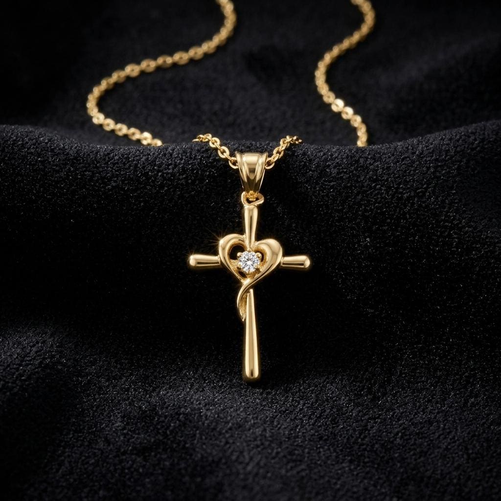 Gold Heart Cross Necklace, Christian Faith Pendant Jewelry, Minimalist Religious Gift for Women Men, Dainty Catholic Charm Necklace