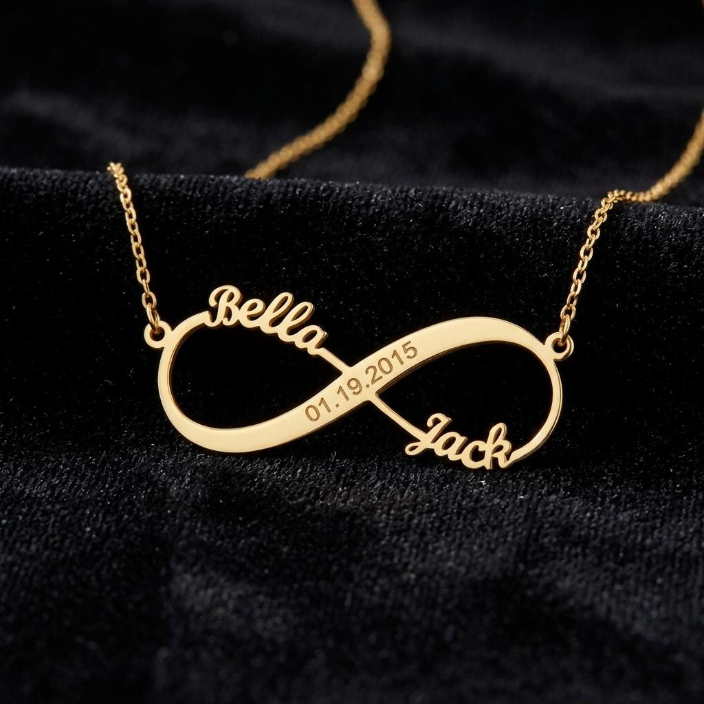Personalized Infinity Name Necklace, Custom Couple Necklace with Date, Gold Infinity Pendant Jewelry Gift for Women Men Anniversary