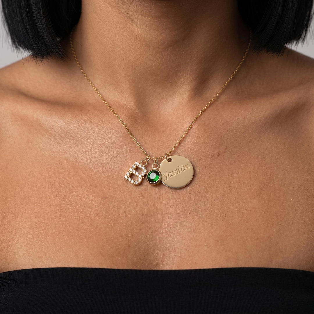 Personalized Birthstone Charm Necklace, Custom Initial Necklace, Engraved Name Jewelry, Dainty Gold Family Gift for Mom Daughter Women
