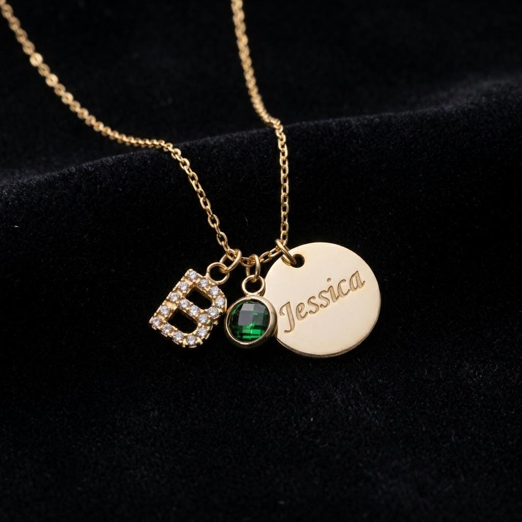 Personalized Birthstone Charm Necklace, Custom Initial Necklace, Engraved Name Jewelry, Dainty Gold Family Gift for Mom Daughter Women
