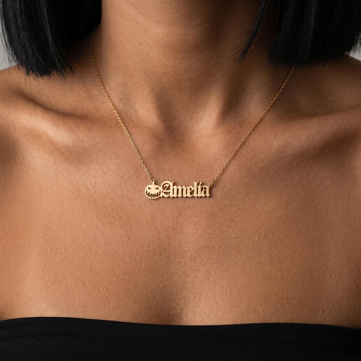 Personalized halloween name necklace, custom gothic name jewelry, pumpkin charm necklace, spooky gold gift for women, cute witchy jewelry