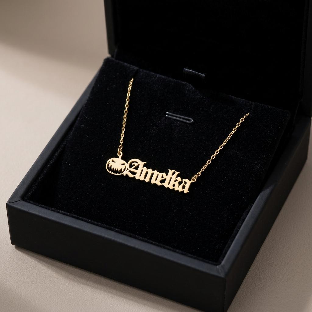 Personalized Halloween Name Necklace, Custom Gothic Name Jewelry, Pumpkin Charm Necklace, Spooky Gold Gift for Women, Cute Witchy Jewelry