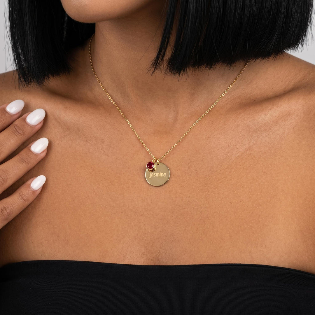 Personalized Birthstone Necklace, Custom Engraved Name Disc Pendant, Gold Minimalist Necklace, Dainty Jewelry Gift for Her Birthday