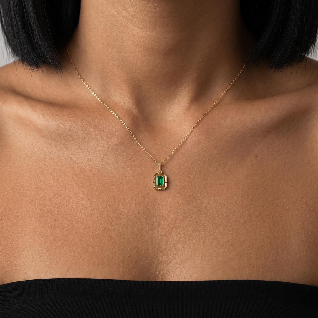 Emerald Cut Birthstone Necklace, Gold Minimalist Gemstone Pendant Necklace, Dainty Birthstone Jewelry, Elegant Gift for Her Birthday