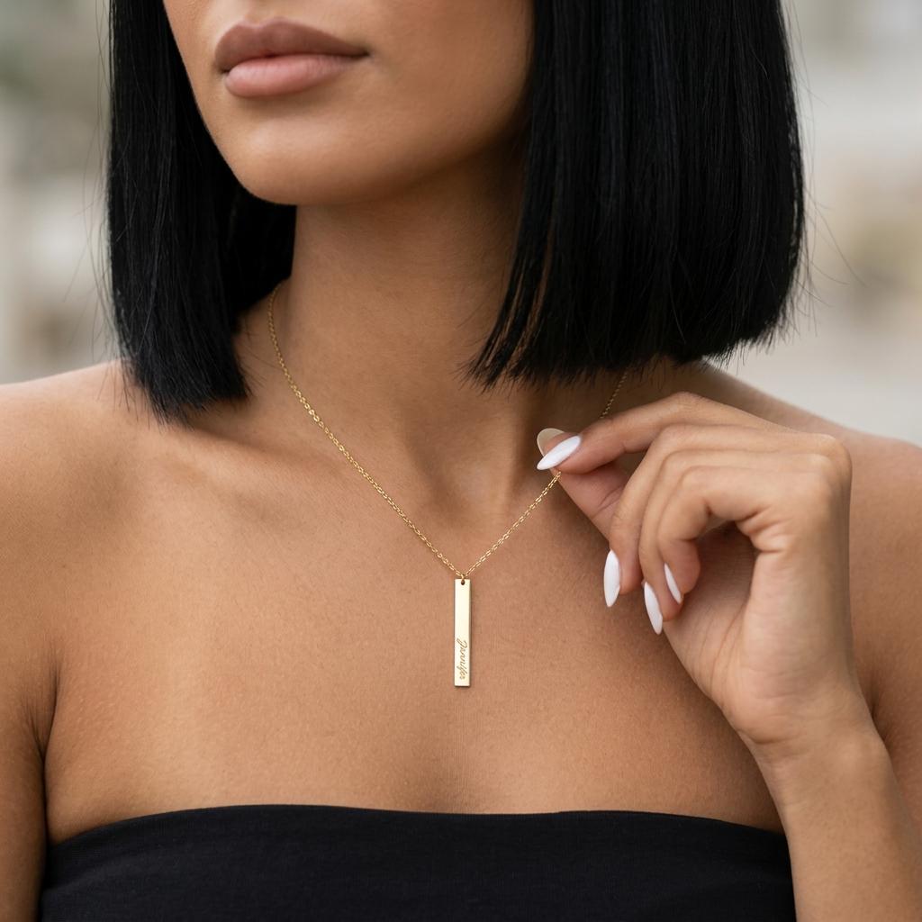 Personalized gold bar necklace, engraved name pendant, custom minimalist jewelry, dainty everyday necklace, gift for mom or her