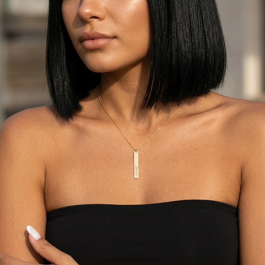 Personalized Gold Bar Necklace, Engraved Name Pendant, Custom Minimalist Jewelry, Dainty Everyday Necklace, Gift For Mom Or Her