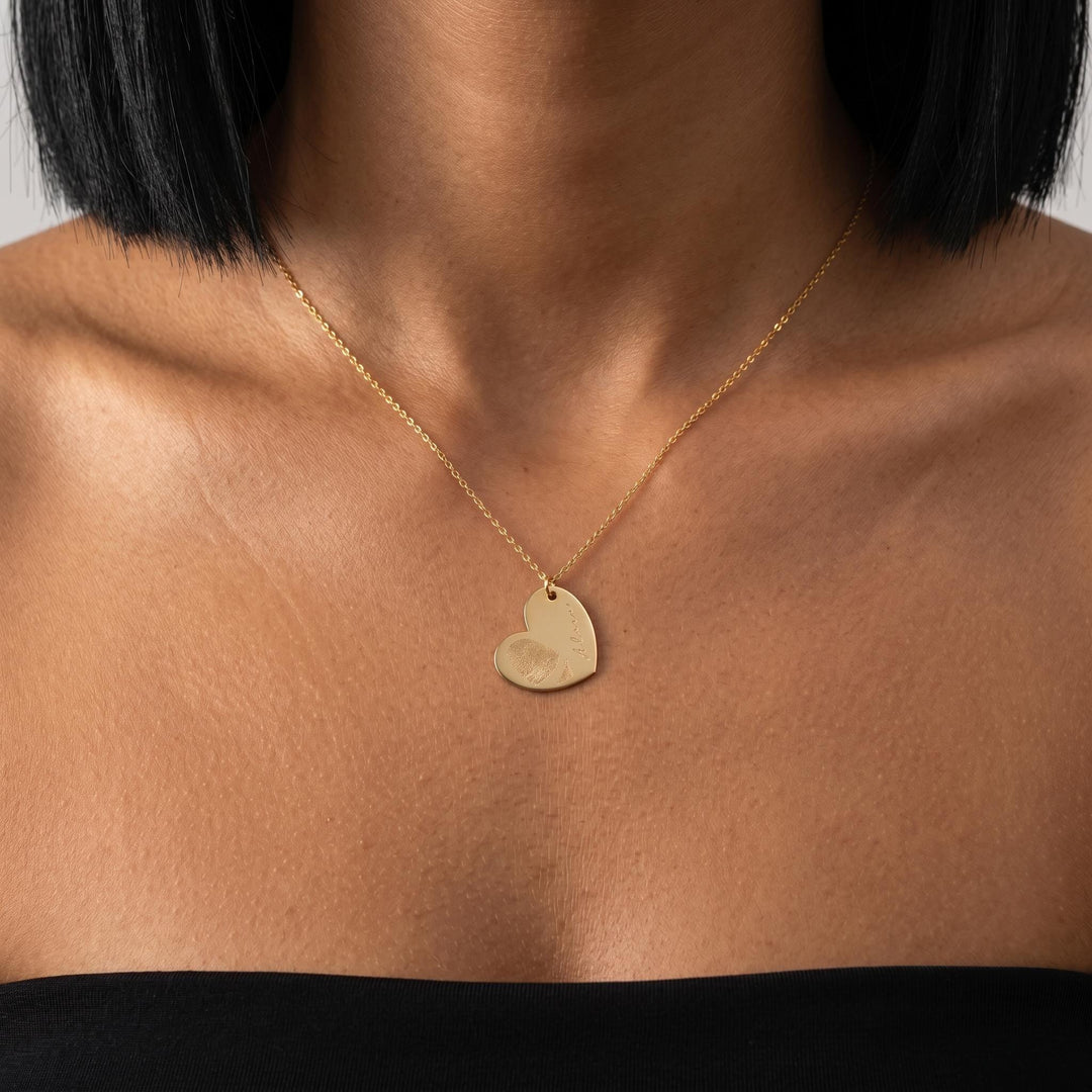 Gold Heart Necklace With Fingerprint Engraving, Personalized Dainty Jewelry, Elegant Gift For Her, Mom Birthday Present, Everyday Wear