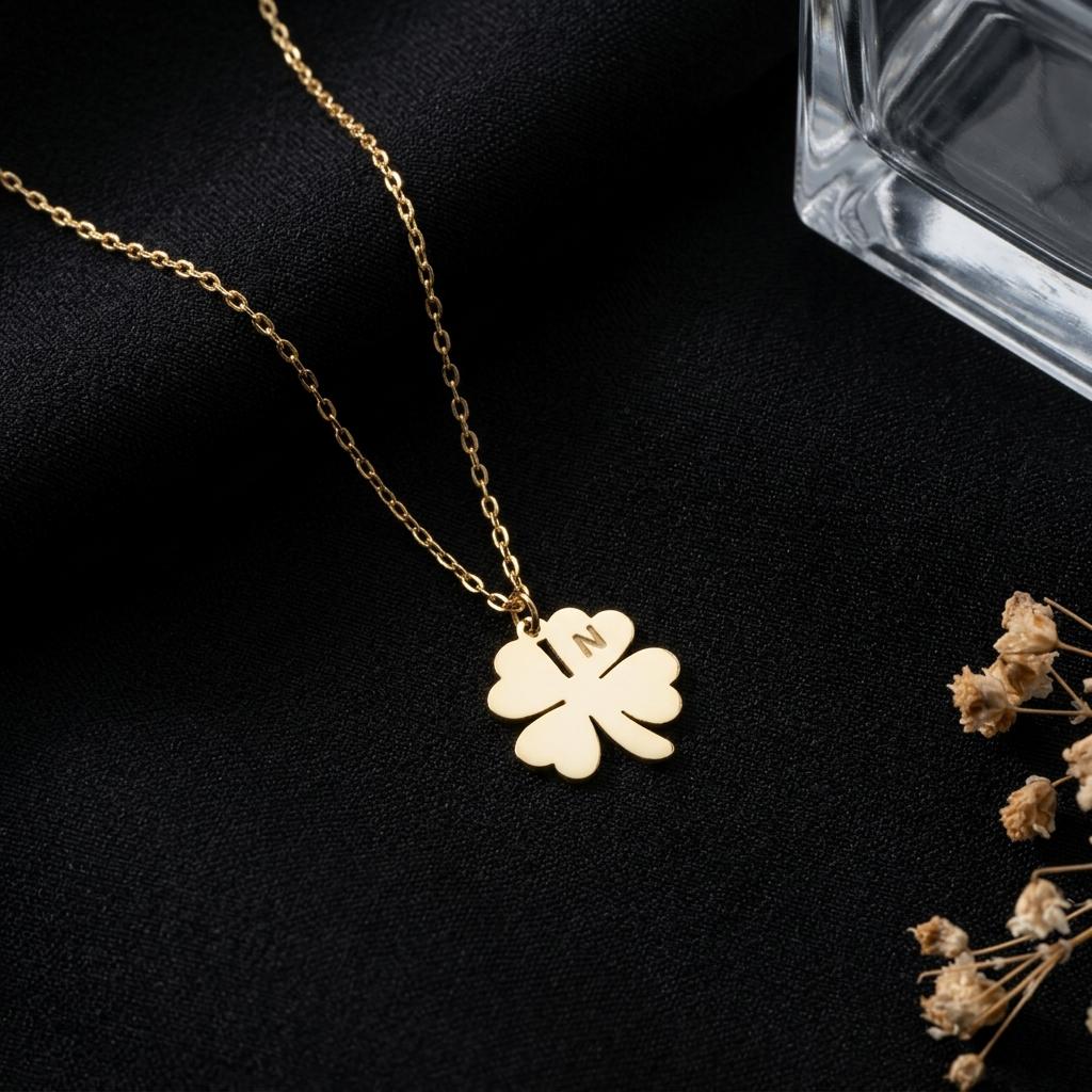 Gold Four Leaf Clover Necklace, Personalized Initial Pendant Jewelry, Lucky Charm for Good Luck, Dainty Everyday Necklace Gift for Her