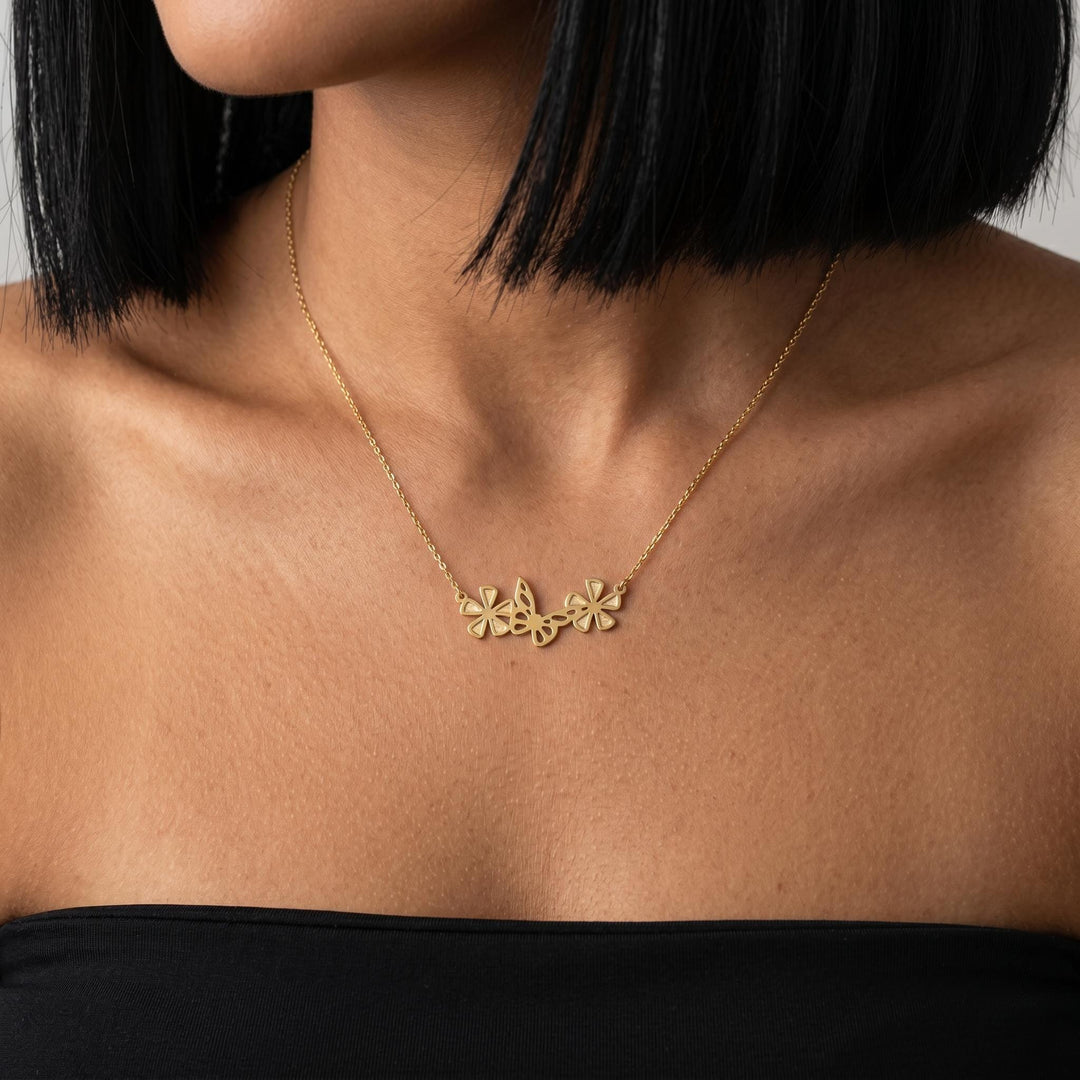 Elegant Butterfly and Flower Necklace for Women, Minimalist Gold Jewelry, Layered Necklace, Dainty Necklace, Everyday Wear Gift
