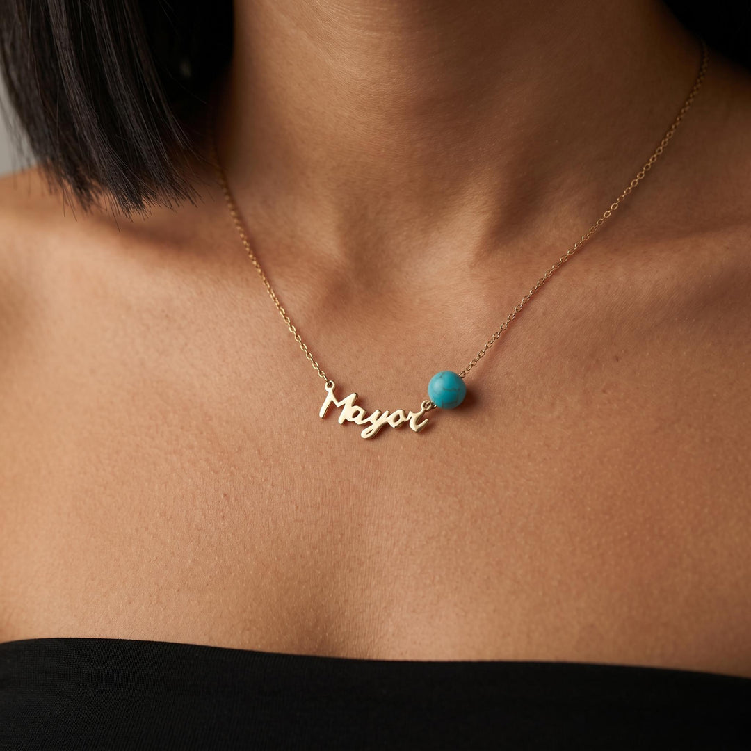 Personalized Name Necklace, Turquoise Bead Custom Name Necklace, Minimalist Gold Pendant Jewelry Gift for Her Women Girls Everyday