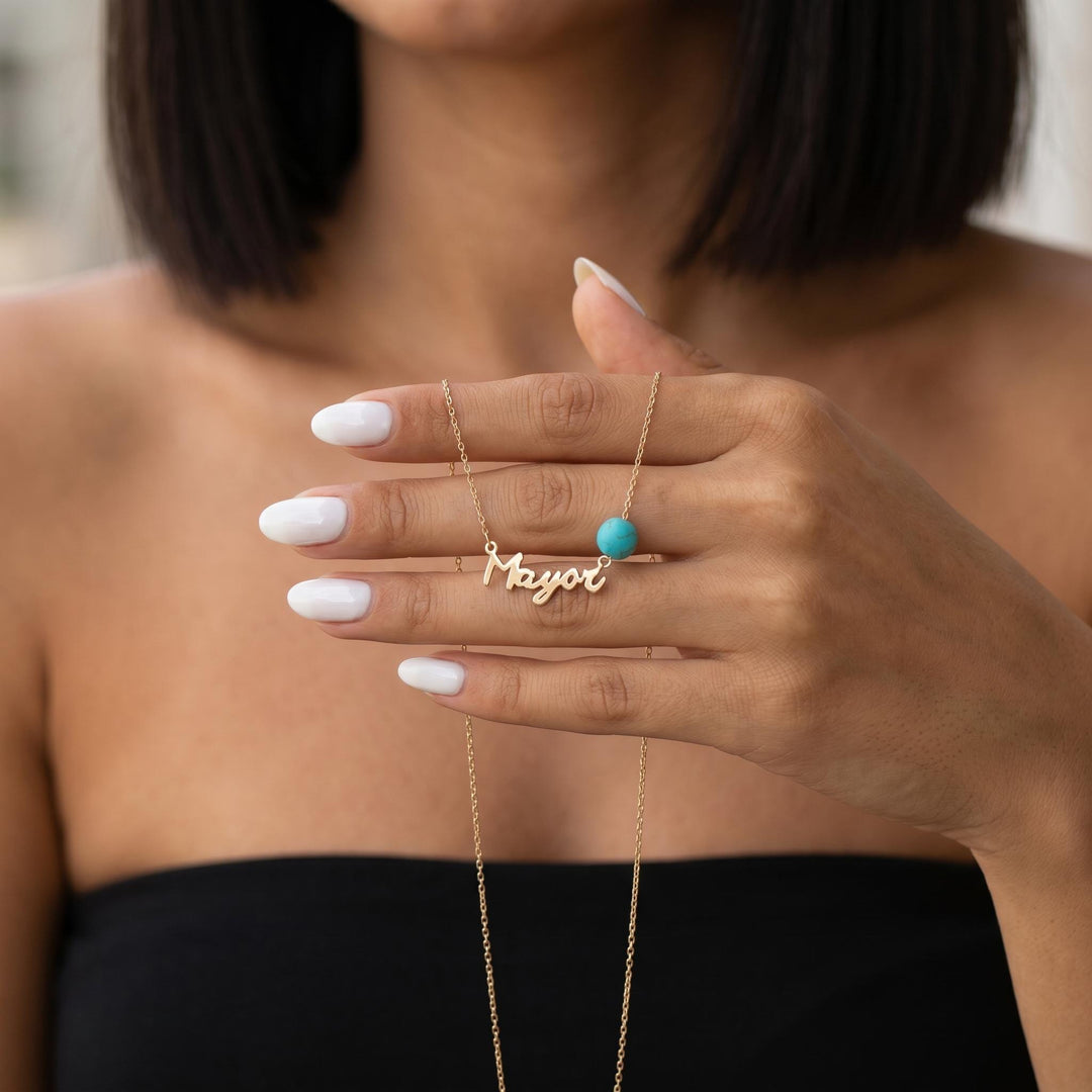 Personalized Name Necklace, Turquoise Bead Custom Name Necklace, Minimalist Gold Pendant Jewelry Gift for Her Women Girls Everyday