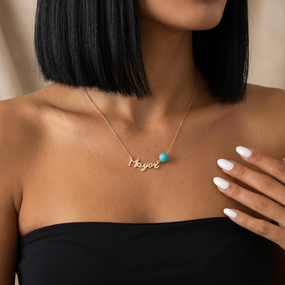 Personalized Name Necklace, Turquoise Bead Custom Name Necklace, Minimalist Gold Pendant Jewelry Gift for Her Women Girls Everyday