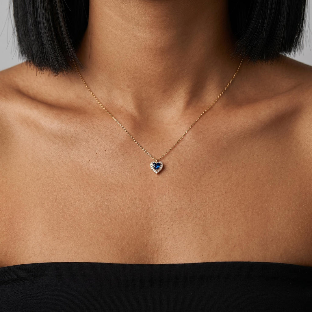 Blue Heart Necklace, Sapphire Heart Pendant Necklace, Gold Minimalist Jewelry Gift for Her Women, Romantic Dainty Everyday Necklace