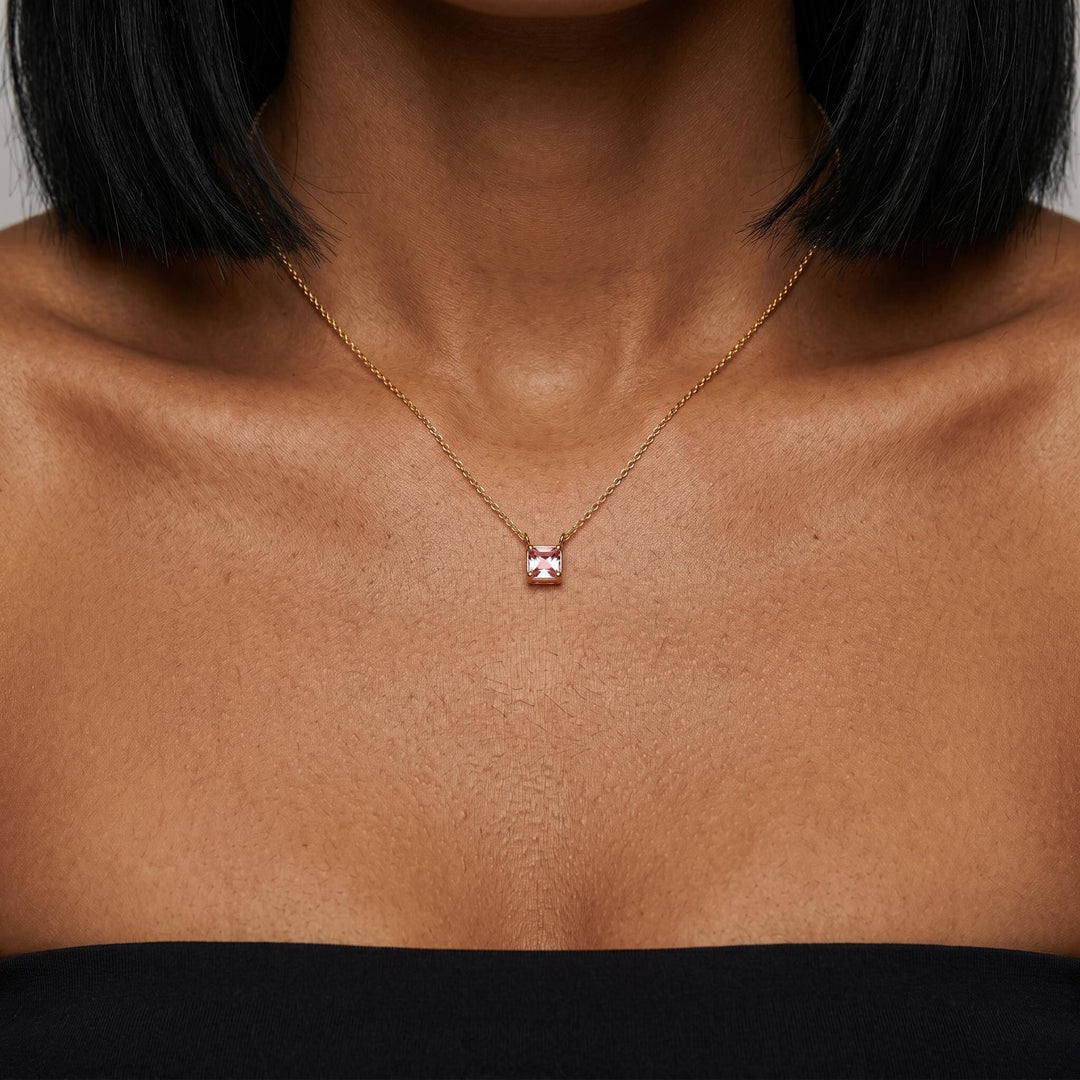 Princess Cut Birthstone Necklace, Minimalist Square Crystal Pendant Necklace, Gold Dainty Jewelry Gift for Women, Personalized Gift