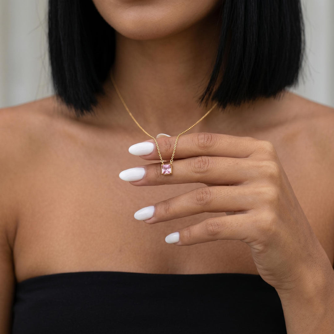 Princess Cut Birthstone Necklace, Minimalist Square Crystal Pendant Necklace, Gold Dainty Jewelry Gift for Women, Personalized Gift