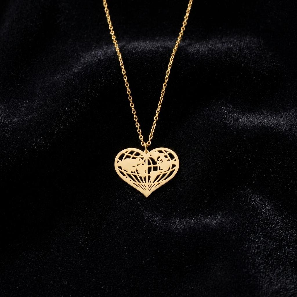 World Map Heart Necklace, Travel Lover Necklace, Gold Globe Heart Pendant Jewelry, Wanderlust Gift for Her Women, Minimalist Travel Necklace