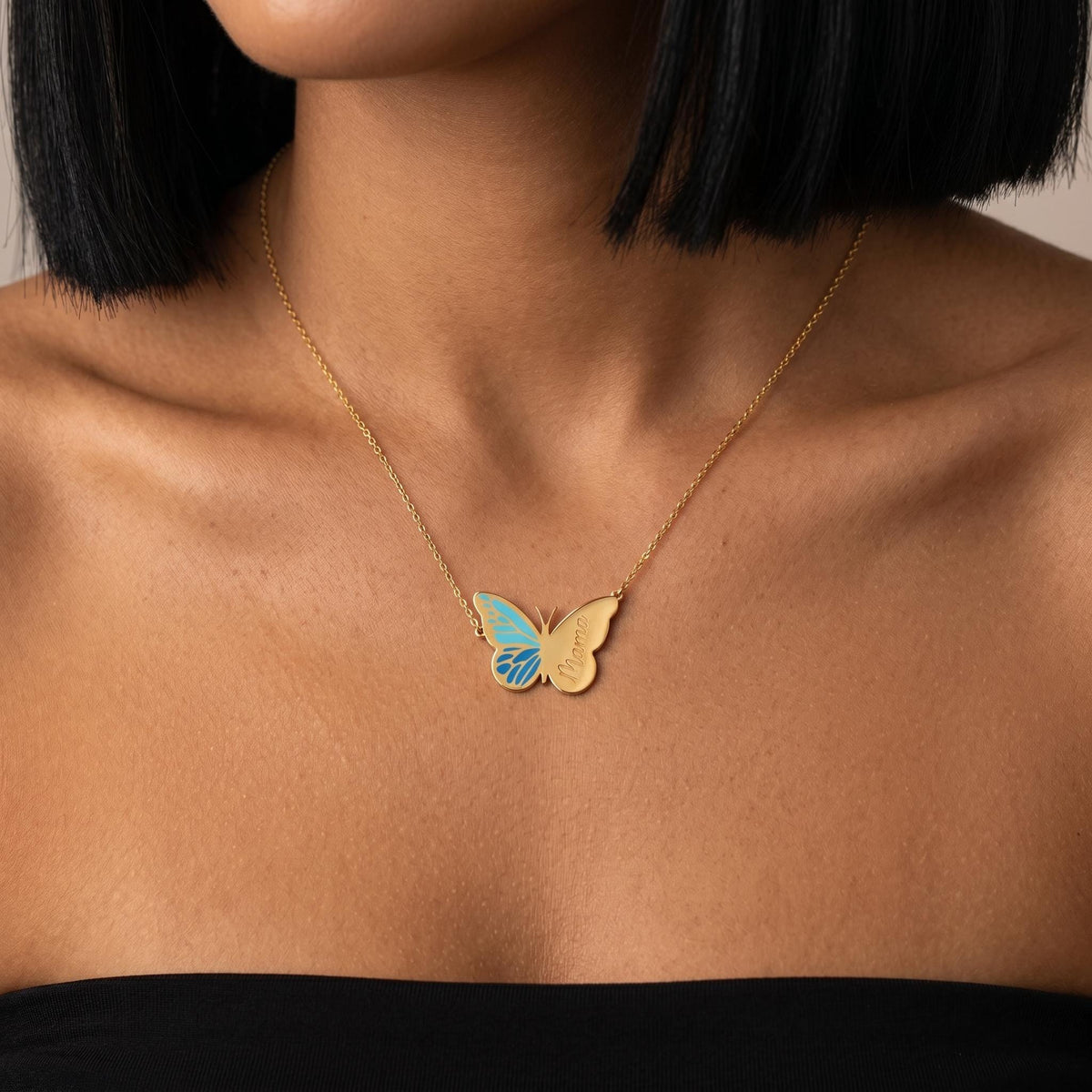 Personalized butterfly name necklace, custom blue butterfly pendant, gold enamel name necklace, dainty butterfly jewelry gift