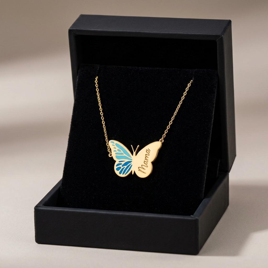 Personalized Butterfly Name Necklace, Custom Blue Butterfly Pendant, Gold Enamel Name Necklace, Dainty Butterfly Jewelry Gift