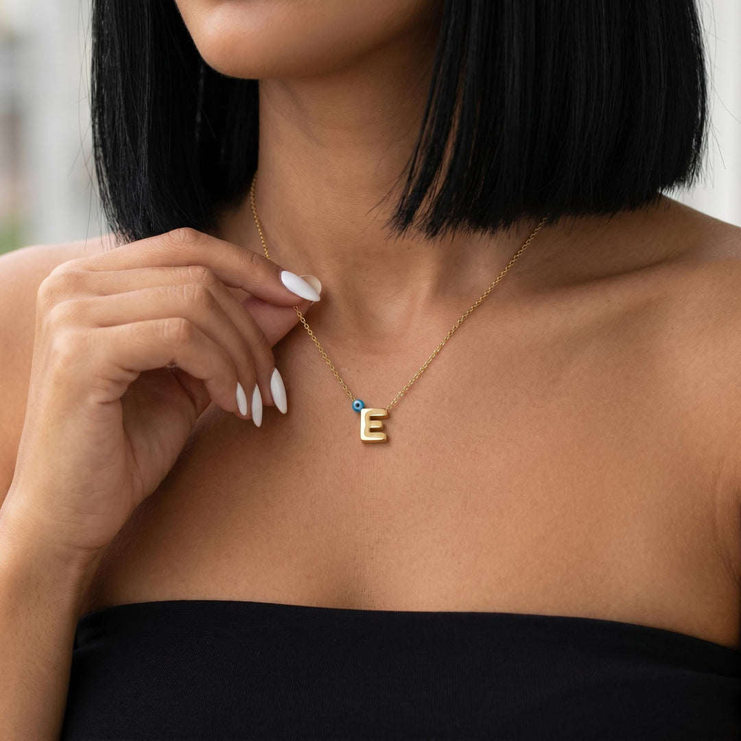 Personalized Evil Eye Initial Necklace, Gold Letter Pendant Necklace, Dainty Initial Charm Jewelry, Minimalist Everyday Necklace Gift