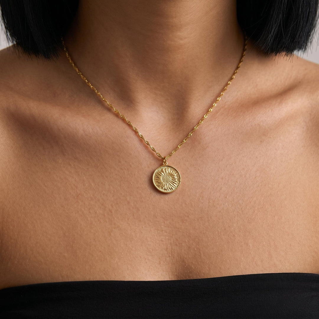 Sunflower Coin Necklace, Gold Floral Pendant Necklace, Dainty Minimalist Sunflower Jewelry, Nature Inspired Gift for Women Her
