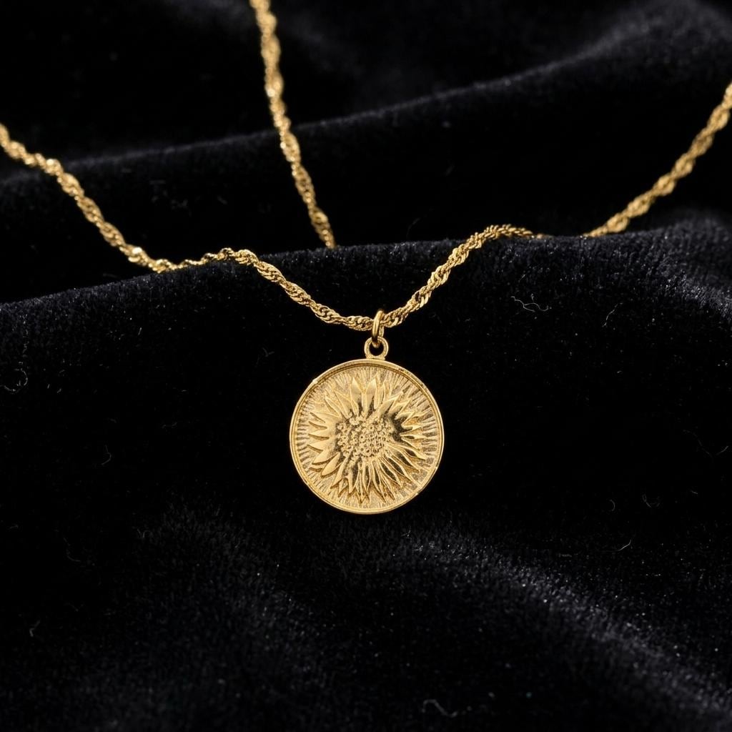 Sunflower coin necklace, gold floral pendant necklace, dainty minimalist sunflower jewelry, nature inspired gift for women her