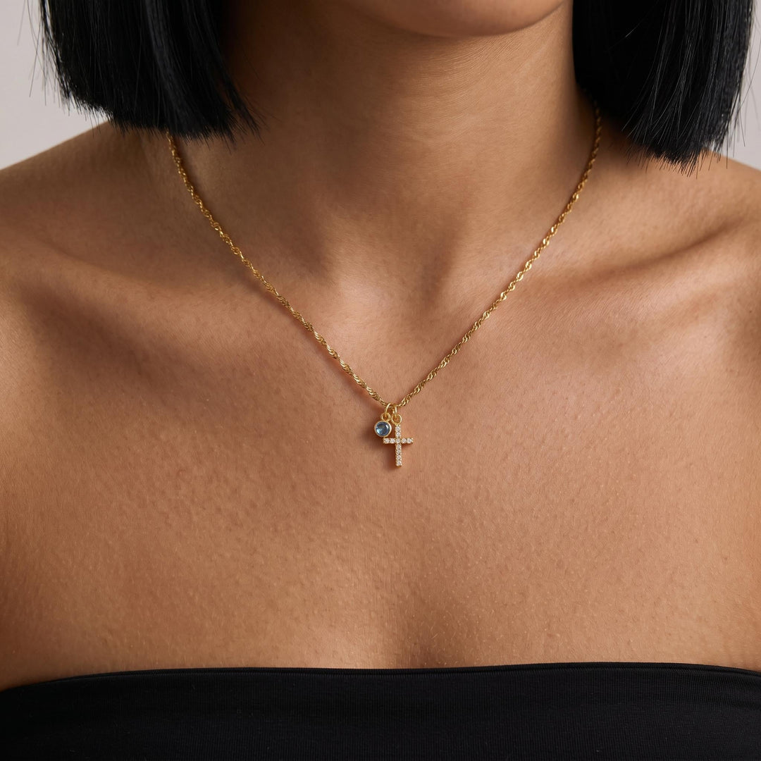 Gold Cross Birthstone Necklace, Dainty Christian Jewelry, Personalized Sapphire Charm Pendant Necklace, Minimalist Gift For Women