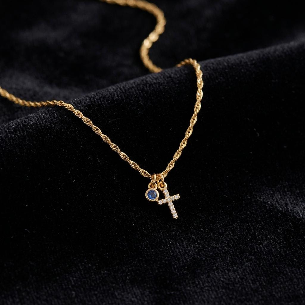 Gold Cross Birthstone Necklace, Dainty Christian Jewelry, Personalized Sapphire Charm Pendant Necklace, Minimalist Gift For Women
