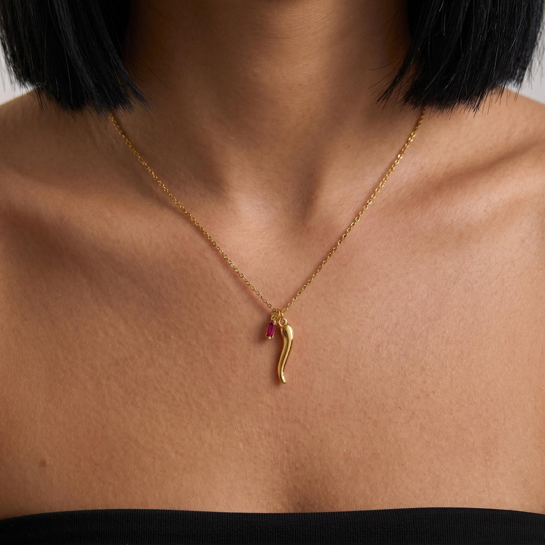 Gold Italian Horn Necklace, Personalized Birthstone Charm Jewelry, Dainty Cornicello Pendant Necklace, Minimalist Lucky Gift For Women