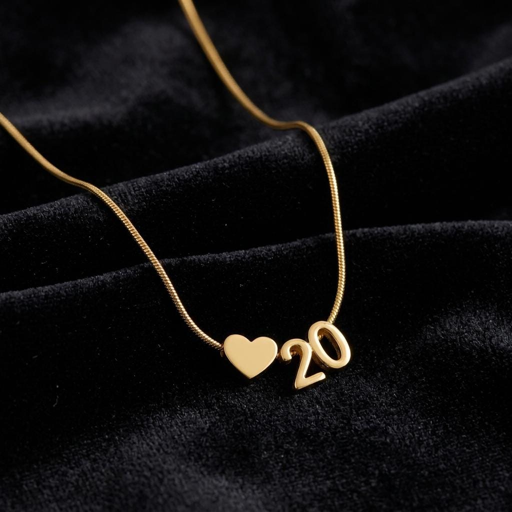 Custom year necklace, gold number pendant jewelry, dainty heart charm necklace, minimalist anniversary birthday gift for women her