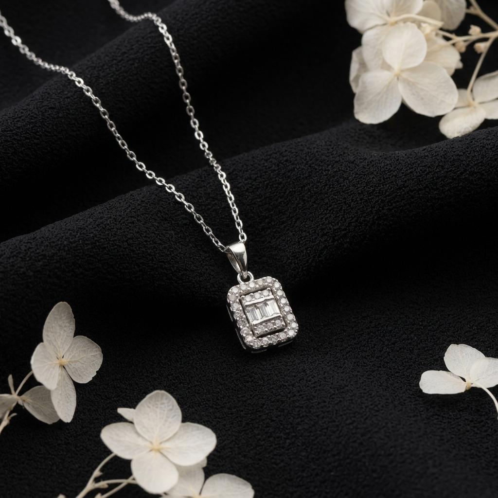 Baguette cz necklace, geometric crystal pendant jewelry, dainty minimalist luxury necklace, elegant layering jewelry gift for women