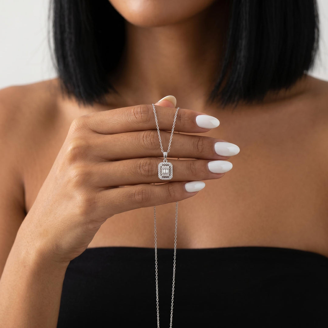Baguette CZ Necklace, Geometric Crystal Pendant Jewelry, Dainty Minimalist Luxury Necklace, Elegant Layering Jewelry Gift For Women