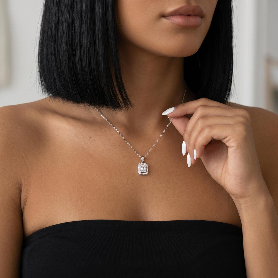 Baguette CZ Necklace, Geometric Crystal Pendant Jewelry, Dainty Minimalist Luxury Necklace, Elegant Layering Jewelry Gift For Women