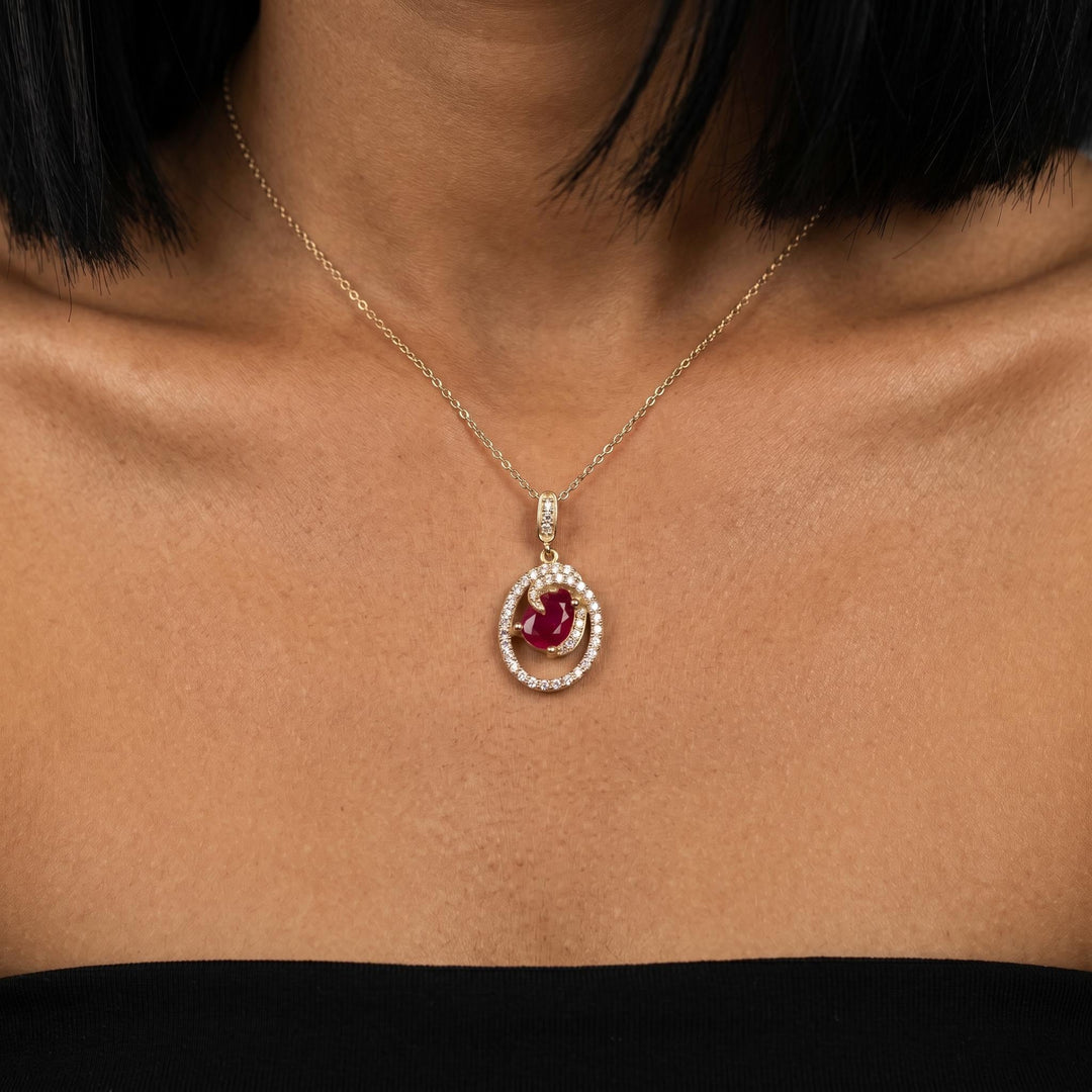 Ruby CZ Halo Necklace, Dainty Red Stone Pendant Jewelry, Minimalist Crystal Necklace Gift For Women Elegant Everyday Luxury Jewelry