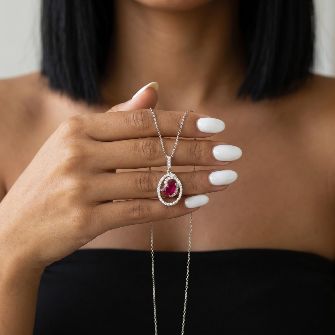 Ruby CZ Halo Necklace, Dainty Red Stone Pendant Jewelry, Minimalist Crystal Necklace Gift For Women Elegant Everyday Luxury Jewelry
