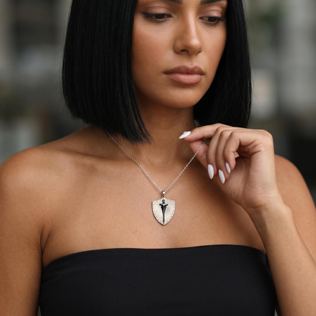 Sword Shield Pendant Necklace, Medieval Sword Necklace, Silver Shield Charm Jewelry, Gothic Knight Necklace Gift For Men Women Her