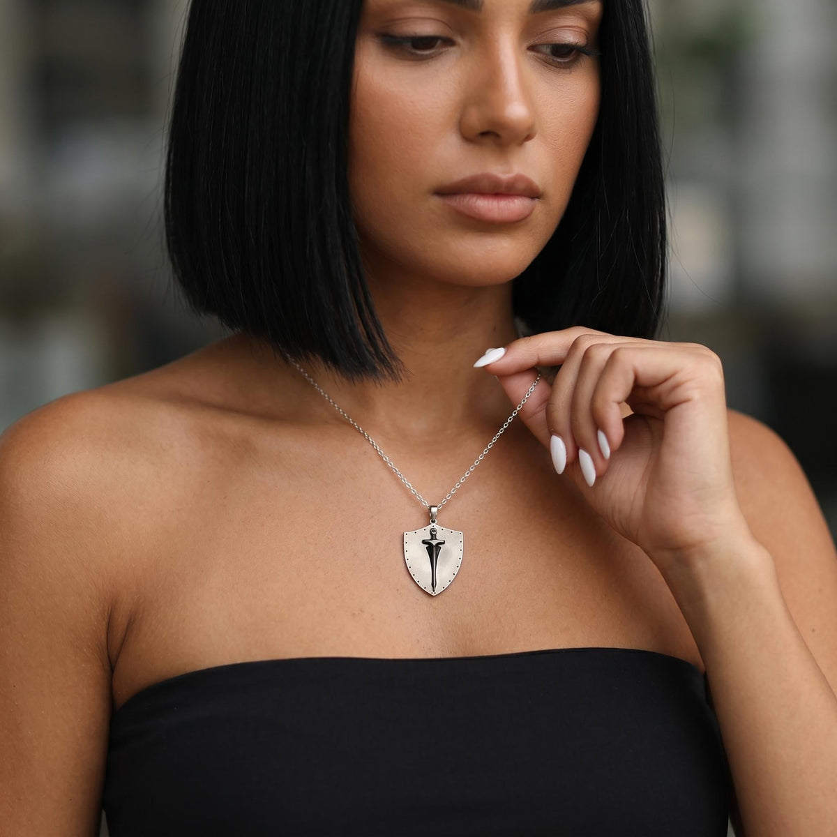 Sword shield pendant necklace, medieval sword necklace, silver shield charm jewelry, gothic knight necklace gift for men women her