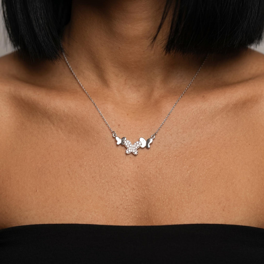 Butterfly Trio Necklace, Dainty CZ Butterfly Necklace, Minimalist Silver Butterfly Jewelry Gift For Women Elegant Layering Necklace