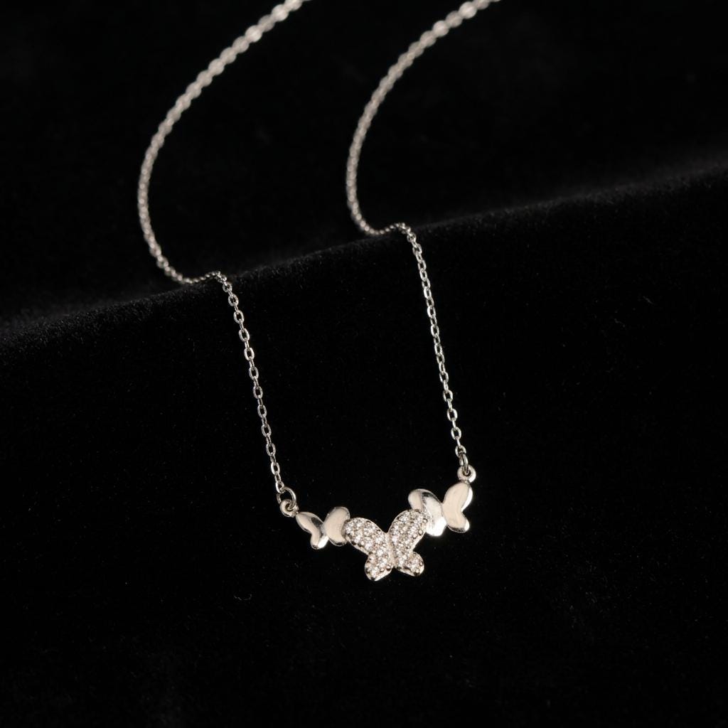 Butterfly Trio Necklace, Dainty CZ Butterfly Necklace, Minimalist Silver Butterfly Jewelry Gift For Women Elegant Layering Necklace