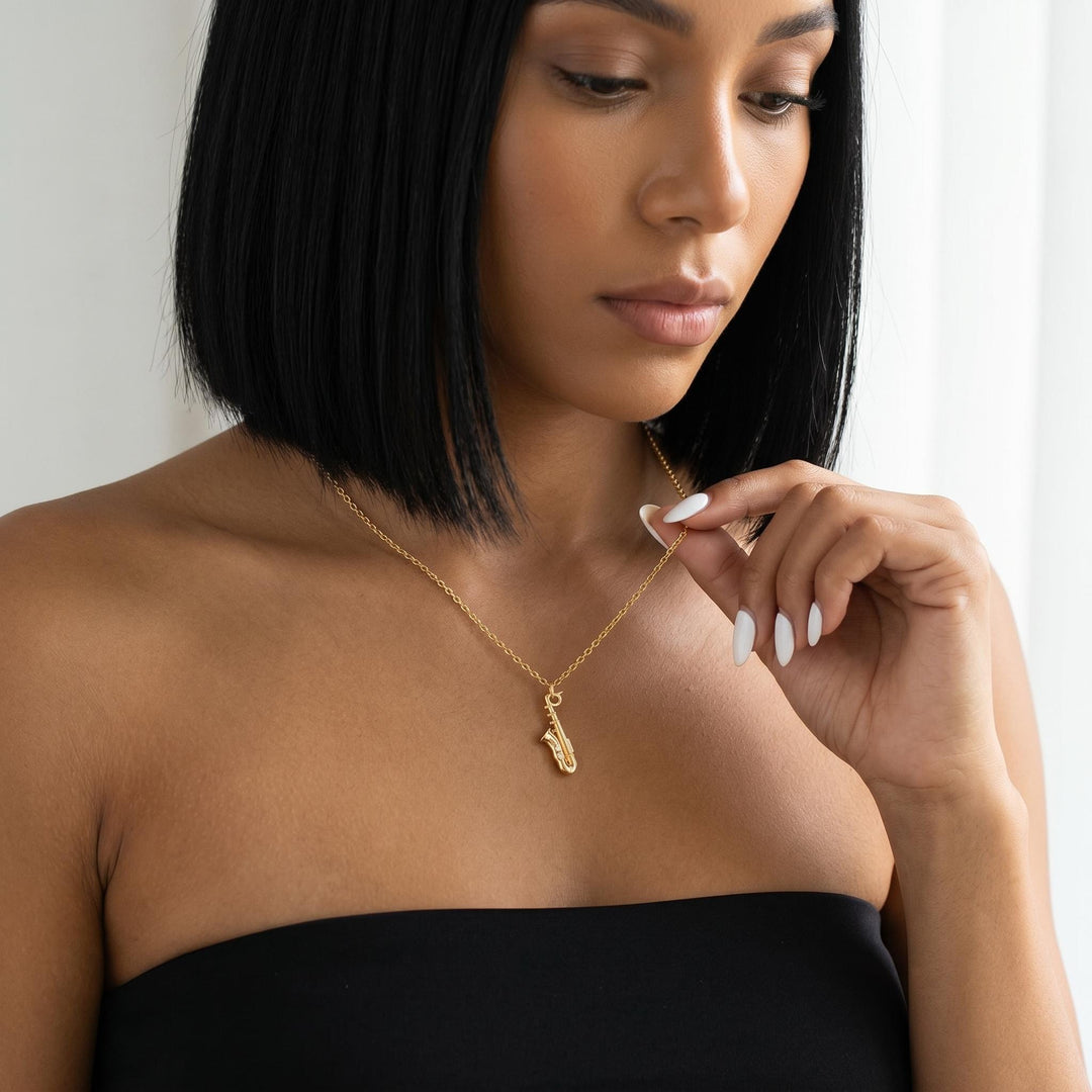 Gold Saxophone Necklace, Minimalist Music Pendant, Jazz Lover Gift, Dainty Musician Jewelry, Instrument Charm Necklace for Women Men