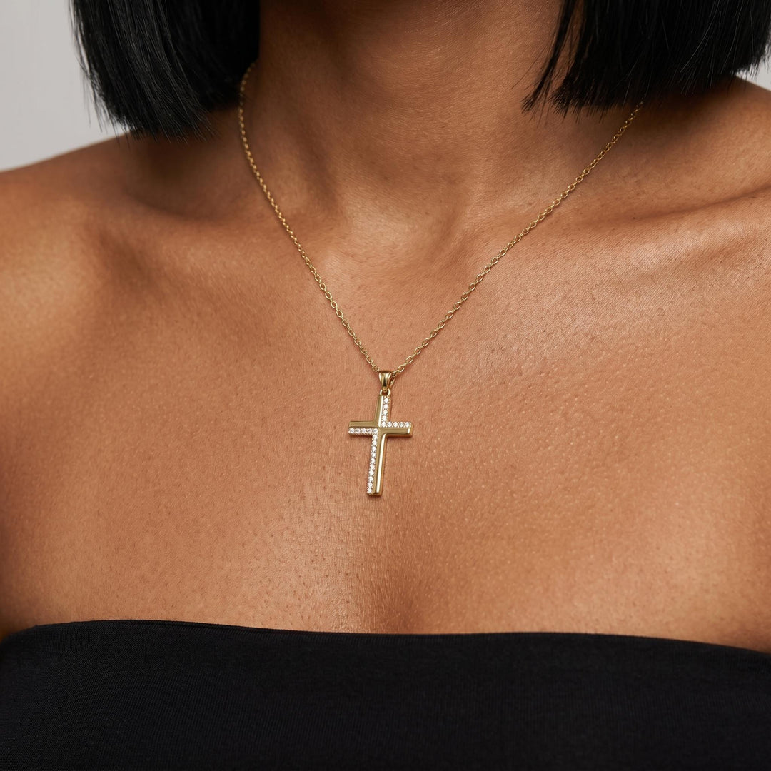 Gold Cross Necklace, Crystal Christian Pendant Jewelry, Minimalist Religious Necklace, Dainty Catholic Faith Gift for Women Men