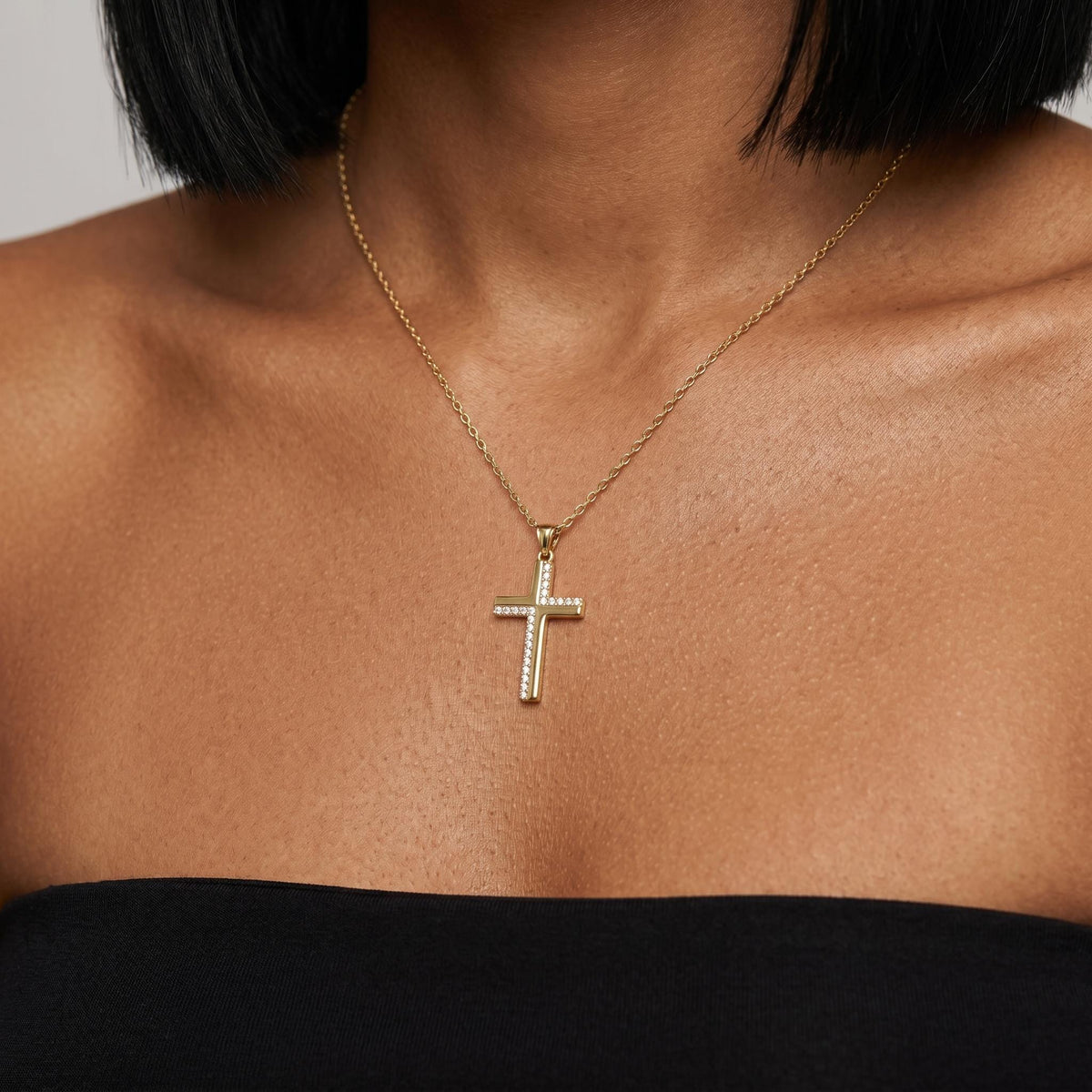 Gold cross necklace, crystal christian pendant jewelry, minimalist religious necklace, dainty catholic faith gift for women men