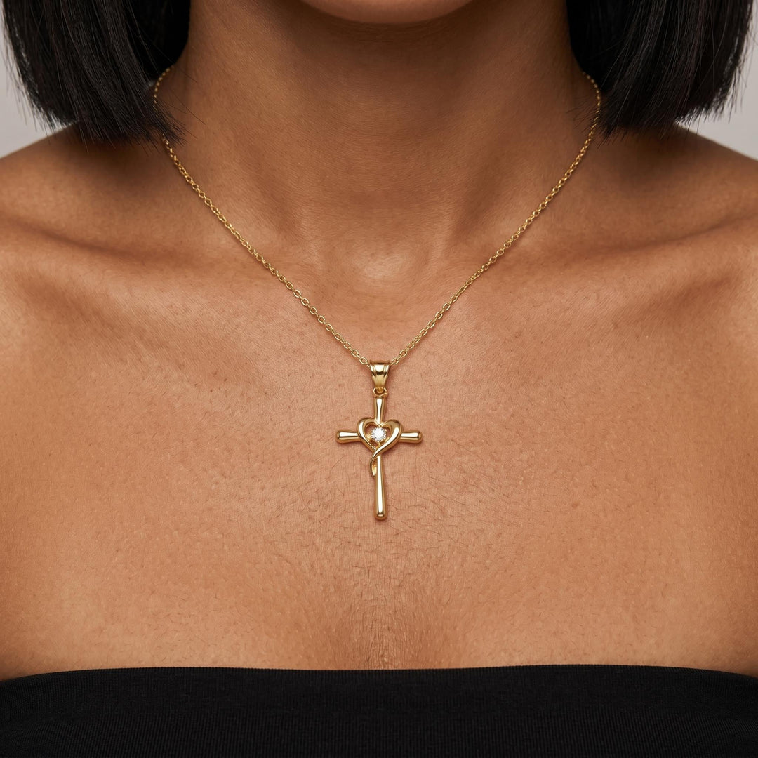 Gold Heart Cross Necklace, Christian Faith Pendant Jewelry, Minimalist Religious Gift for Women Men, Dainty Catholic Charm Necklace