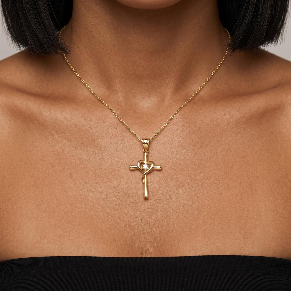 Gold heart cross necklace, christian faith pendant jewelry, minimalist religious gift for women men, dainty catholic charm necklace