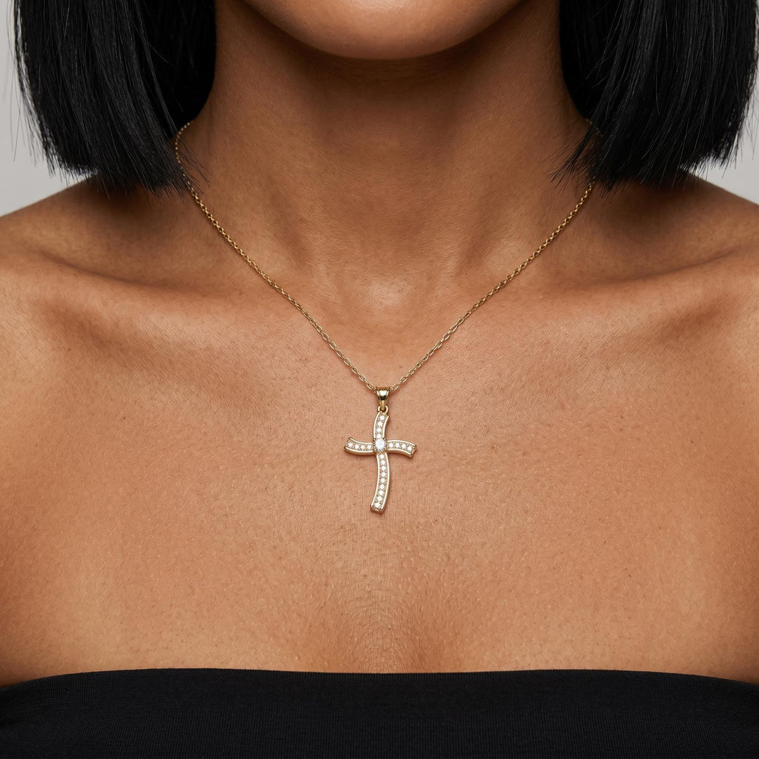 Gold Crystal Cross Necklace, Christian Faith Pendant Jewelry, Minimalist Catholic Necklace, Religious Gift for Women Men Jewelry